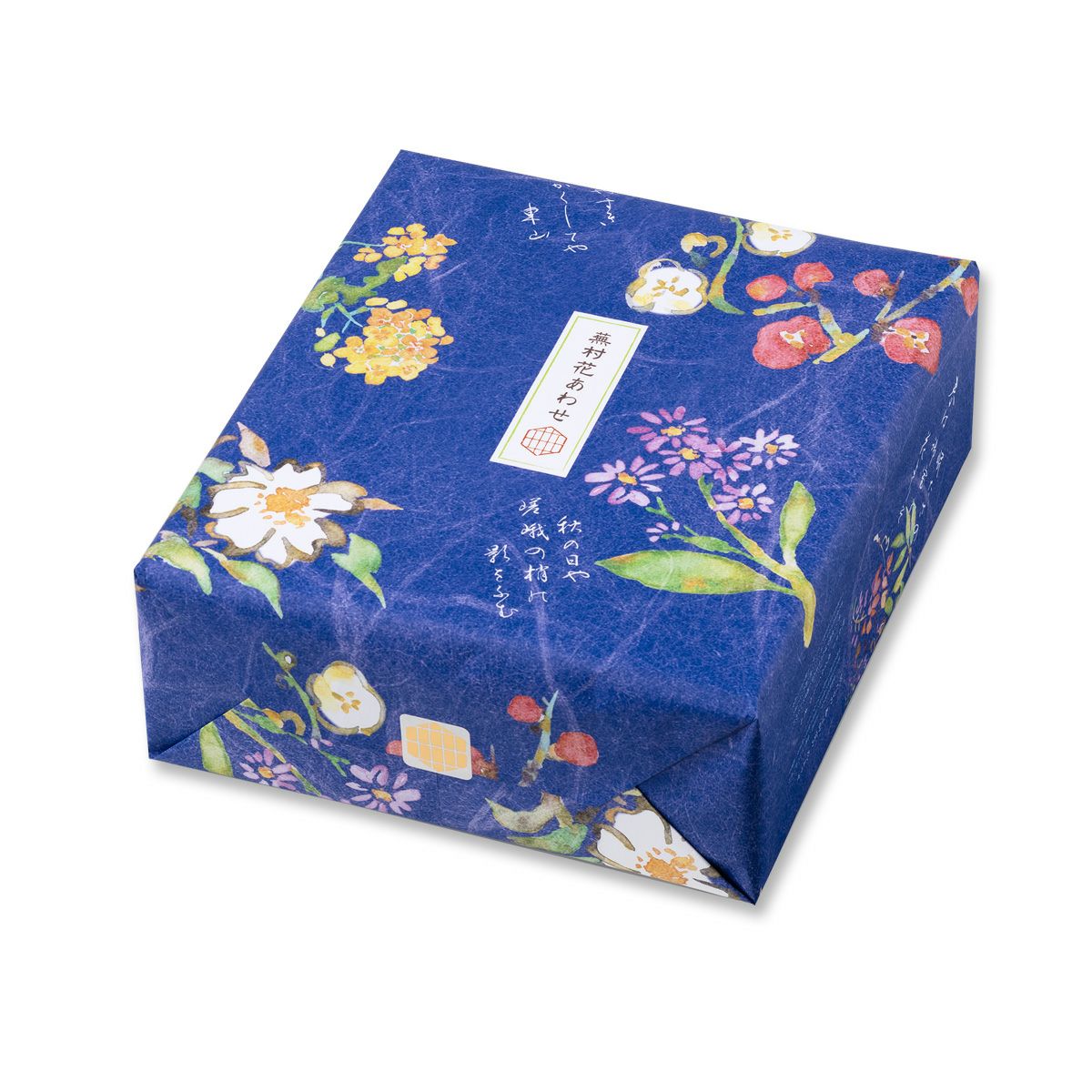   青い花柄 2枚セット 箱テープ剥がれ跡アリ 蕪村花あわせ 特大缶 (35袋） | 京都・六角 蕪村菴 -おかき・せんべい-