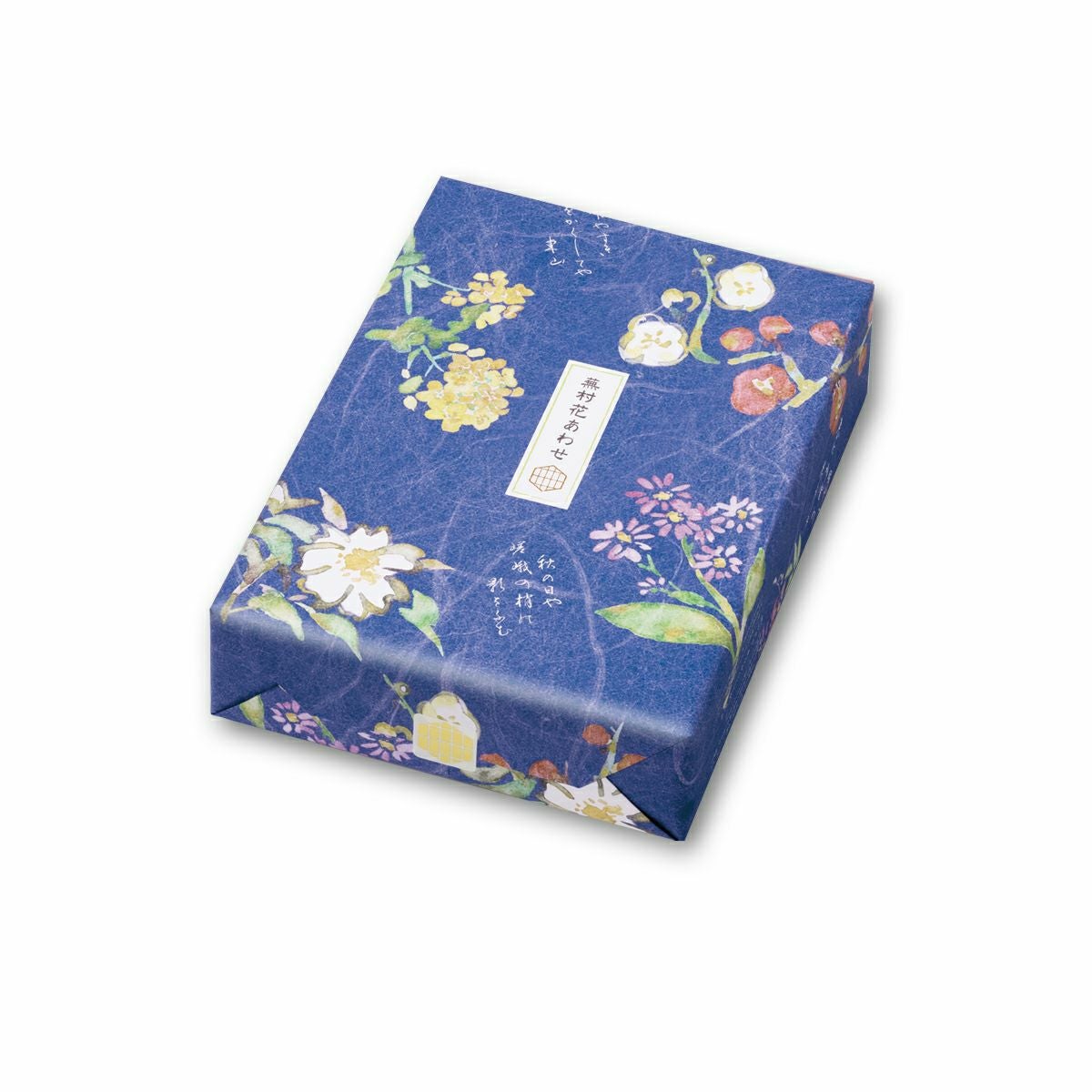   青い花柄 2枚セット 箱テープ剥がれ跡アリ 蕪村花あわせ H箱 (18袋） | 京都・六角 蕪村菴 -おかき・せんべい-